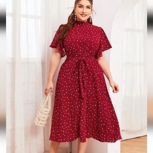 Shein Curve Red Hearts Mock Neck Flutter Sleeve Midi Dress size 1X NIB